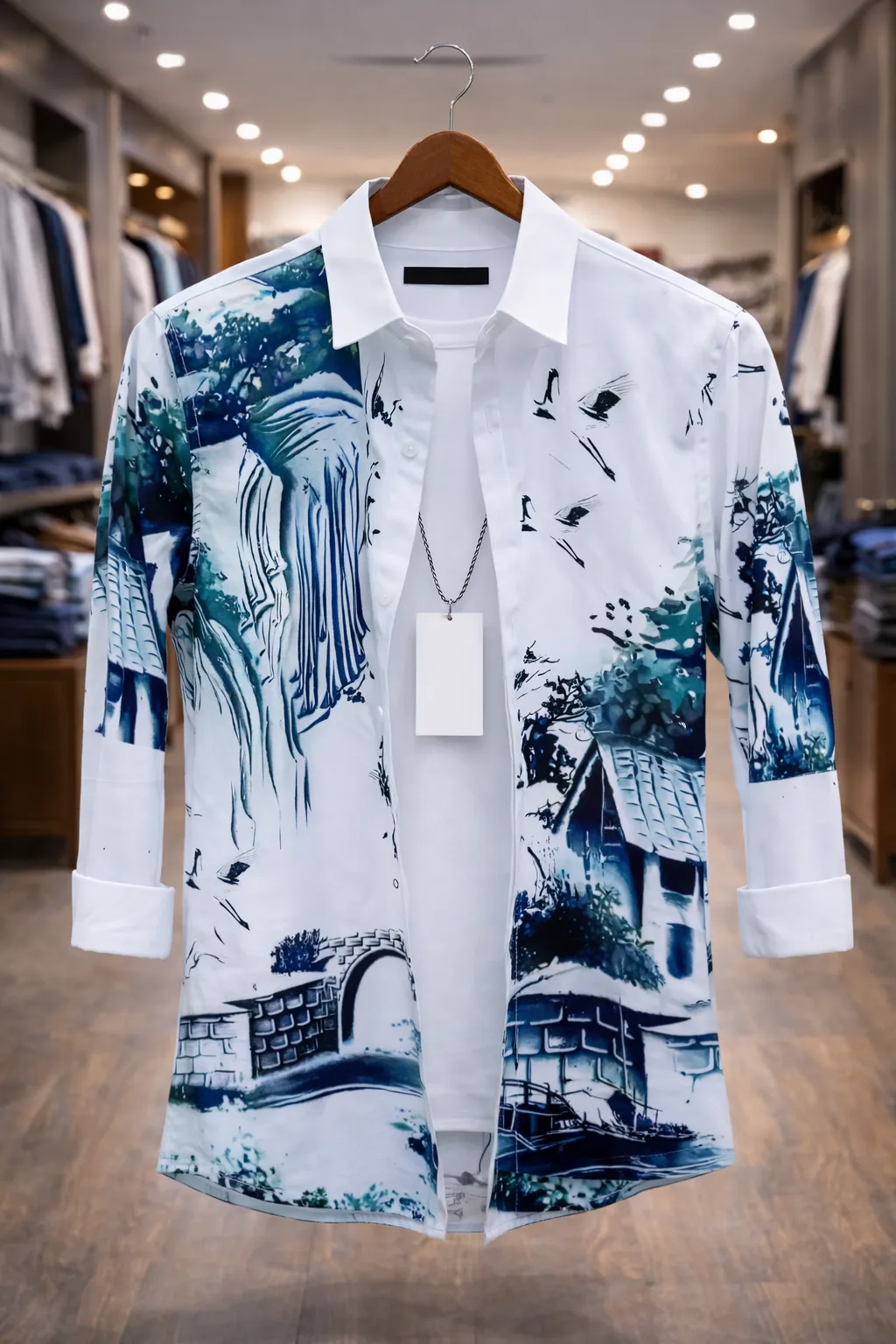 Men's Artistic Asian Landscape Print Shirt